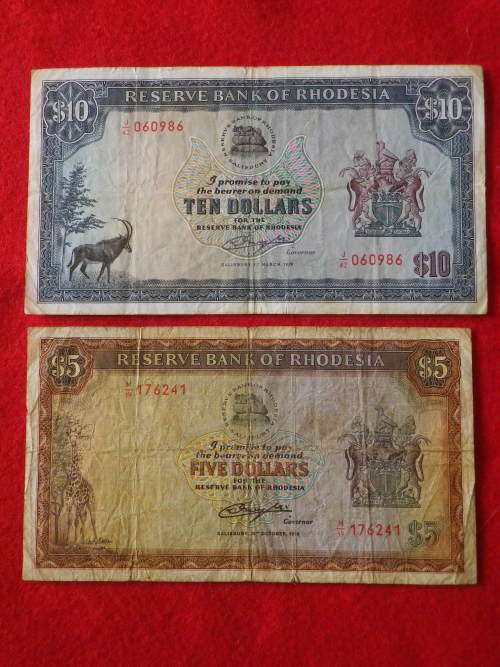 RHODESIAN $5 + $10 NOTE - CONDITION AS SEEN - DATED 20/10/1978 AND 15/3/1976         (8186)