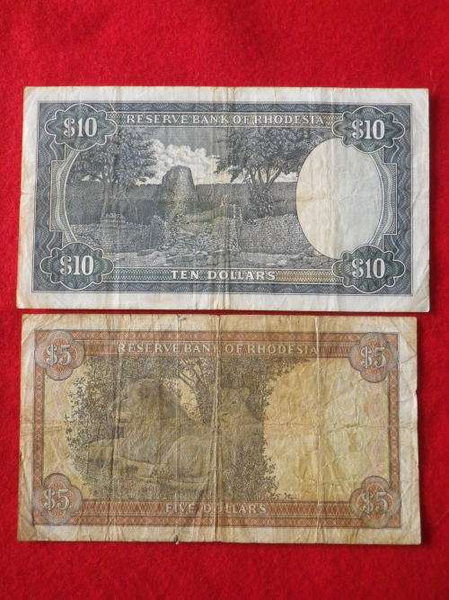RHODESIAN $5 + $10 NOTE - CONDITION AS SEEN - DATED 20/10/1978 AND 15/3/1976         (8186)