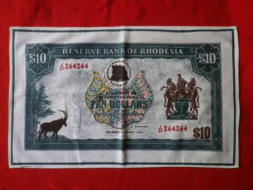 RHODESIAN TEA TOWEL DESIGNED AS $10 NOTE. MADE SUPERSCREEN - SIZE 68 X 42cm - GOOD CONDITION(8190)