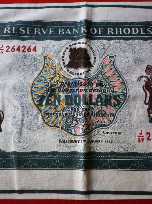 RHODESIAN TEA TOWEL DESIGNED AS $10 NOTE. MADE SUPERSCREEN - SIZE 68 X 42cm - GOOD CONDITION(8190)