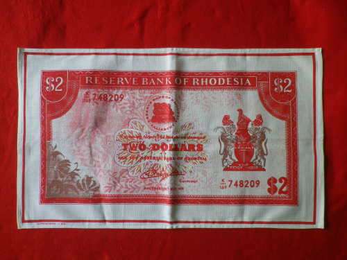 RHODESIAN TEA TOWEL DESIGNED AS $2 NOTE. MADE SUPERSCREEN - SIZE 68 X 41cm - GOOD CONDITION(8188)