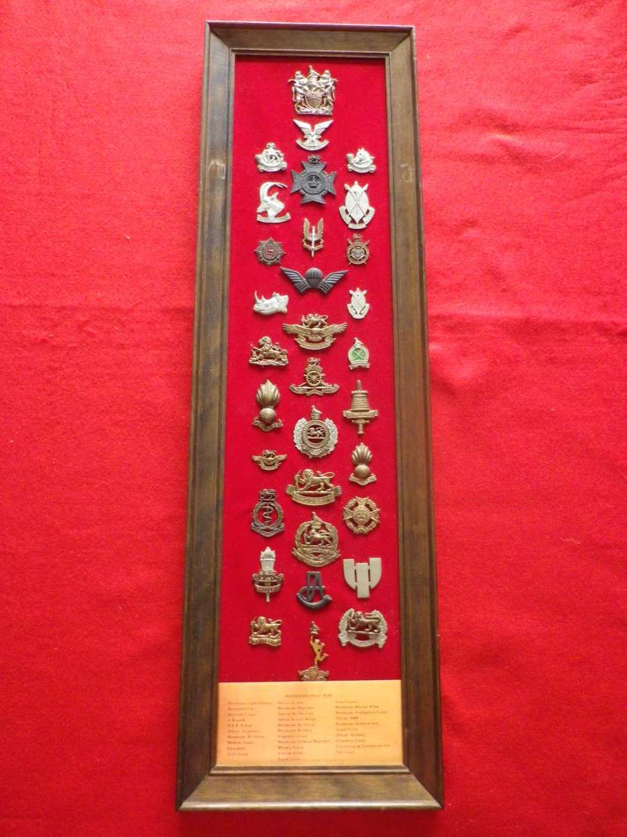 RHODESIAN ARMED FORCES - 32 UNIT BADGES (CAST COPIES)  ON DISPLAY FRAME - SIZE 71 X 21 cm.  (8318)