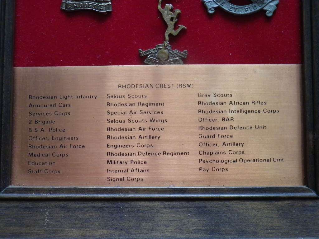 RHODESIAN ARMED FORCES - 32 UNIT BADGES (CAST COPIES)  ON DISPLAY FRAME - SIZE 71 X 21 cm.  (8318)