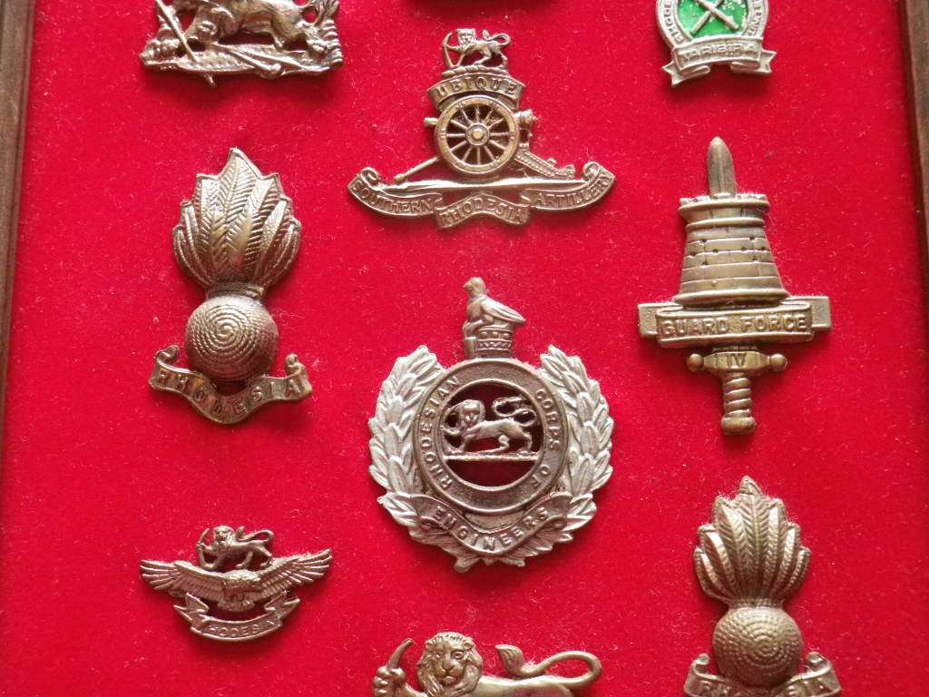 RHODESIAN ARMED FORCES - 32 UNIT BADGES (CAST COPIES)  ON DISPLAY FRAME - SIZE 71 X 21 cm.  (8318)