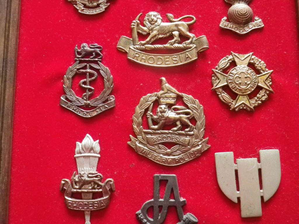RHODESIAN ARMED FORCES - 32 UNIT BADGES (CAST COPIES)  ON DISPLAY FRAME - SIZE 71 X 21 cm.  (8318)