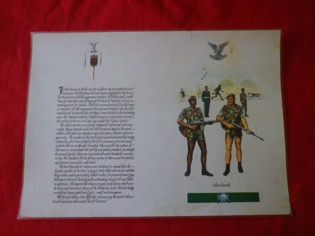 RHODESIA - SELOUS SCOUTS LAMINATED SHEET FROM `UNIFORMS RHOD SEC. FORCES`  - SIZE 44 X 62cm  (4172)