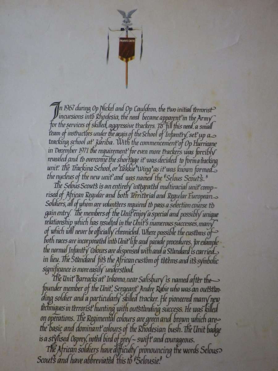 RHODESIA - SELOUS SCOUTS LAMINATED SHEET FROM `UNIFORMS RHOD SEC. FORCES`  - SIZE 44 X 62cm  (4172)