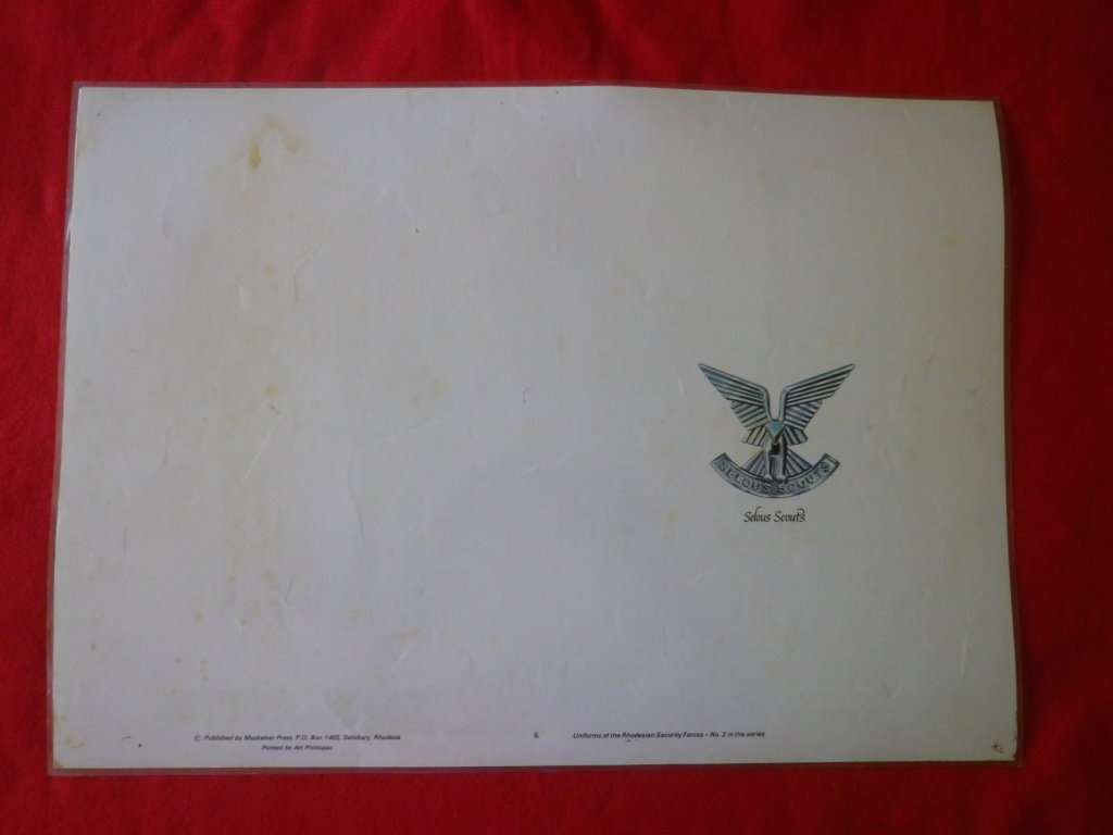 RHODESIA - SELOUS SCOUTS LAMINATED SHEET FROM `UNIFORMS RHOD SEC. FORCES`  - SIZE 44 X 62cm  (4172)
