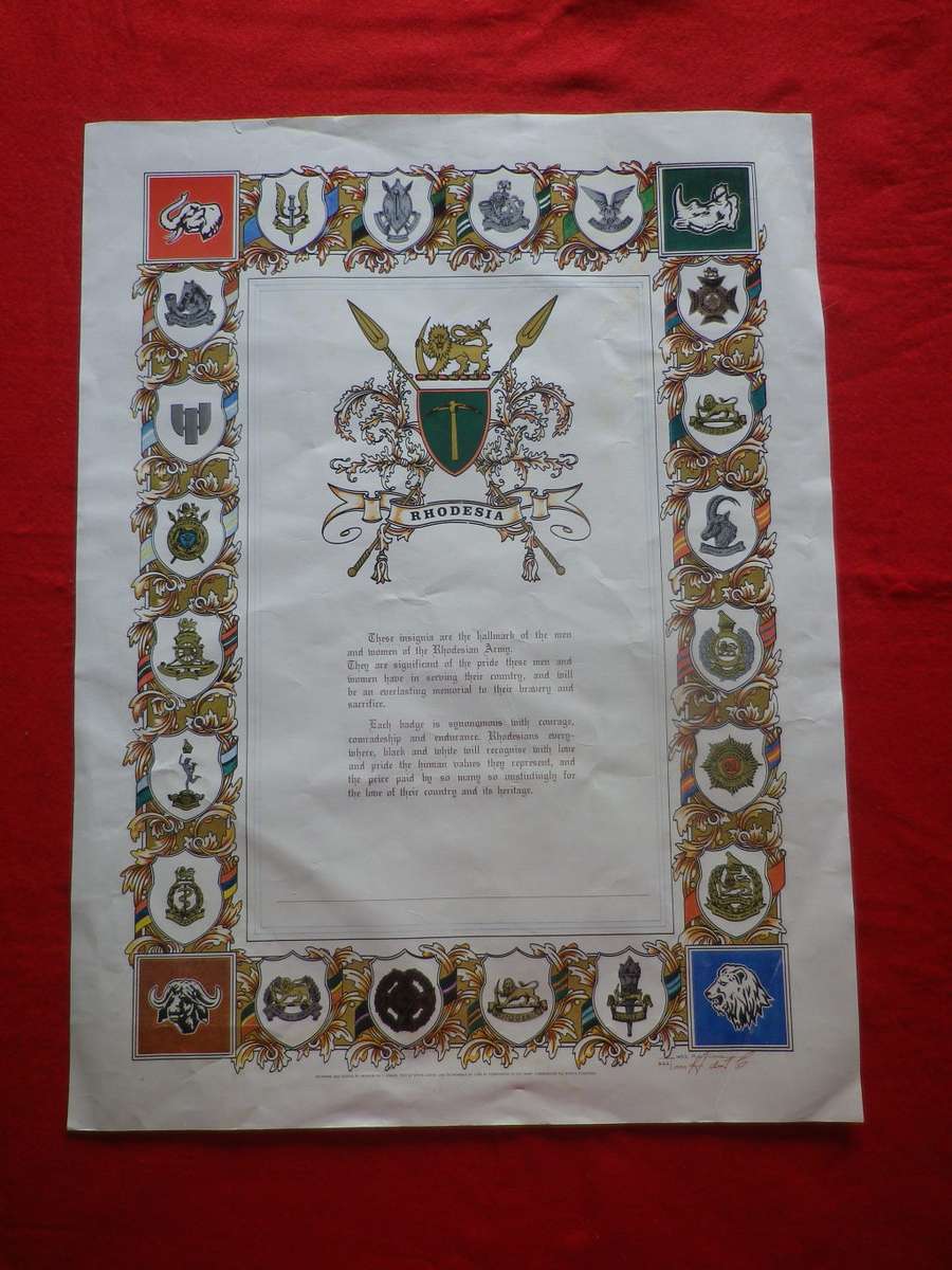 RHODESIAN ARMY UNITS POSTER - ORIGINAL BY WO2 A. Du T. CROUS NO 222/1000 SIZE 49X66cm  (4170)