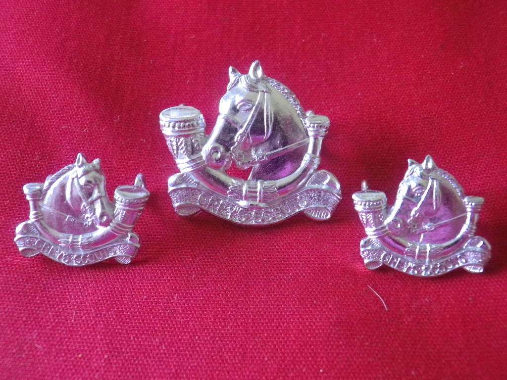 RHODESIA - GREY`S SCOUTS SET ANODISED BERET + FACING PAIR COLLAR BADGES - CAP STAMPED REUTELER(8373)