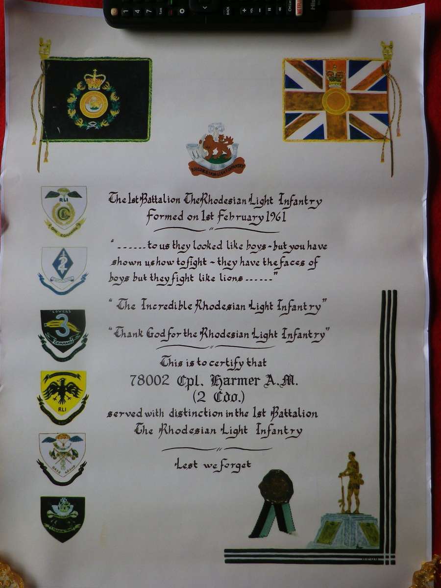 RHODESIA - RLI ASSOCIATION POST WAR COPY CERTIFICATE - NAMED - SIZE 53.5 cm X 38.5 cm  (8607)