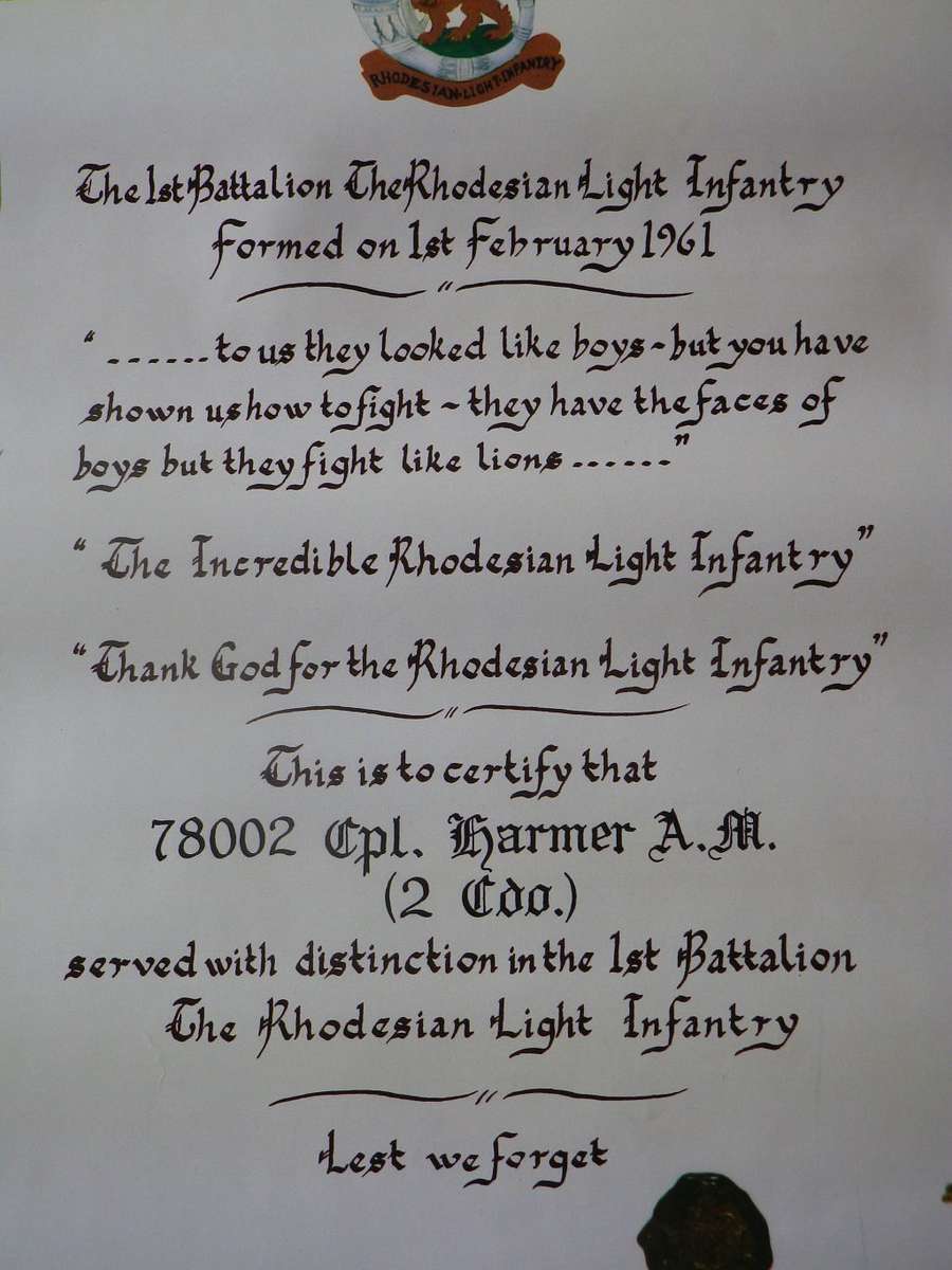 RHODESIA - RLI ASSOCIATION POST WAR COPY CERTIFICATE - NAMED - SIZE 53.5 cm X 38.5 cm  (8607)