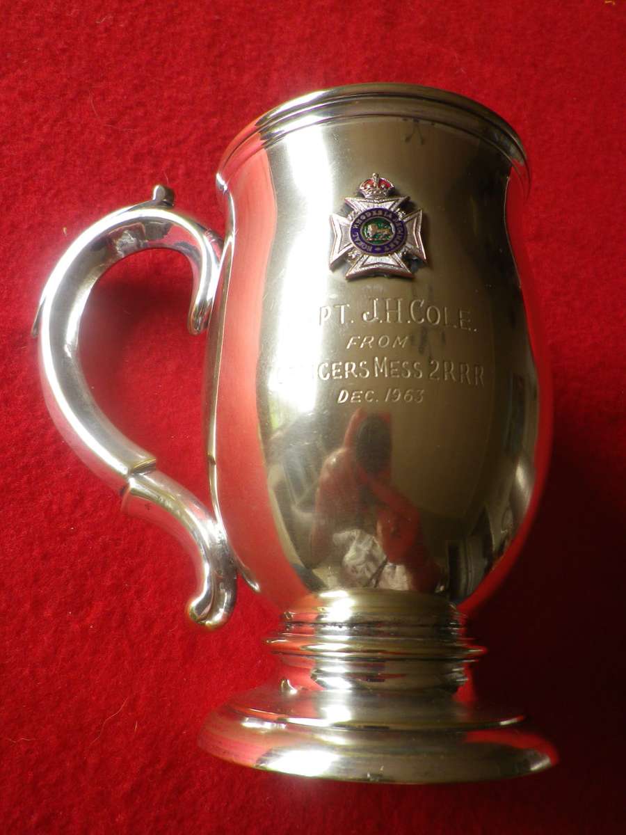 ROYAL RHODESIA REGT. SILVER PLATED MUG, PRESENTED TO CAPT. JH COLE 1963     (8592)