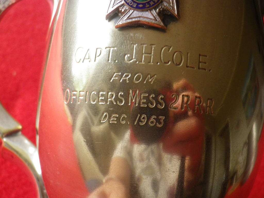 ROYAL RHODESIA REGT. SILVER PLATED MUG, PRESENTED TO CAPT. JH COLE 1963     (8592)