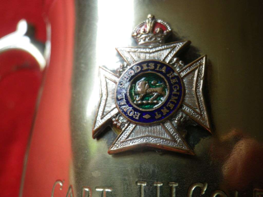 ROYAL RHODESIA REGT. SILVER PLATED MUG, PRESENTED TO CAPT. JH COLE 1963     (8592)