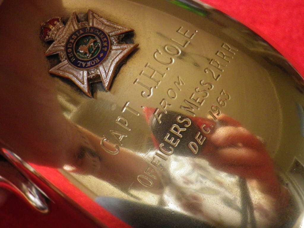 ROYAL RHODESIA REGT. SILVER PLATED MUG, PRESENTED TO CAPT. JH COLE 1963     (8592)