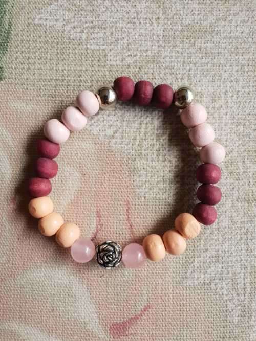 Rose Quartz & Natural Wooden Beaded Bracelet / Bargain R1 Starting Bid!