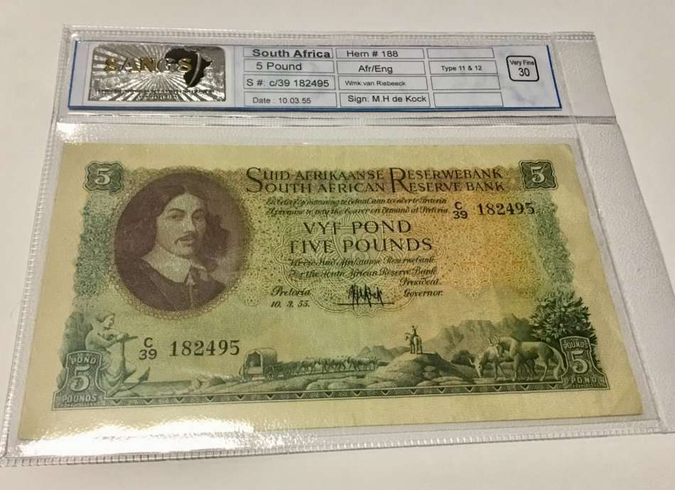 Under R300.00 || 1955 Afrikaans/English FIVE Pound || Graded Very Fine 30