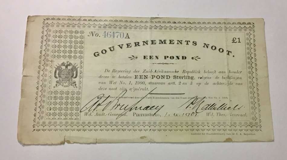Extremely rare-printed on thin paper! 1907 Een Pond PIETERSBURG ZAR Gouvernements Noot - See Photos
