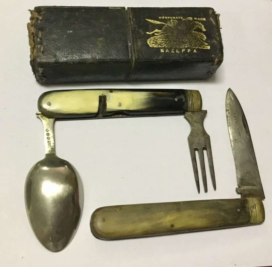 Vintage WWII Army Bone Hobo Knife with a Fork and Spoon - Corporate Mark, MAZEPPA