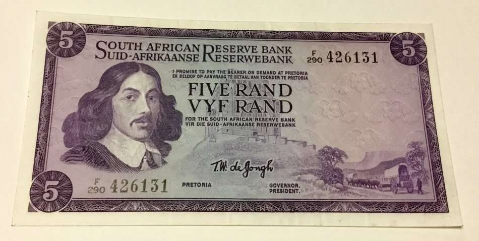 TW DE JONGH ~ 1975 Five Rand Bank Note - Third Issue, type 4 & 5