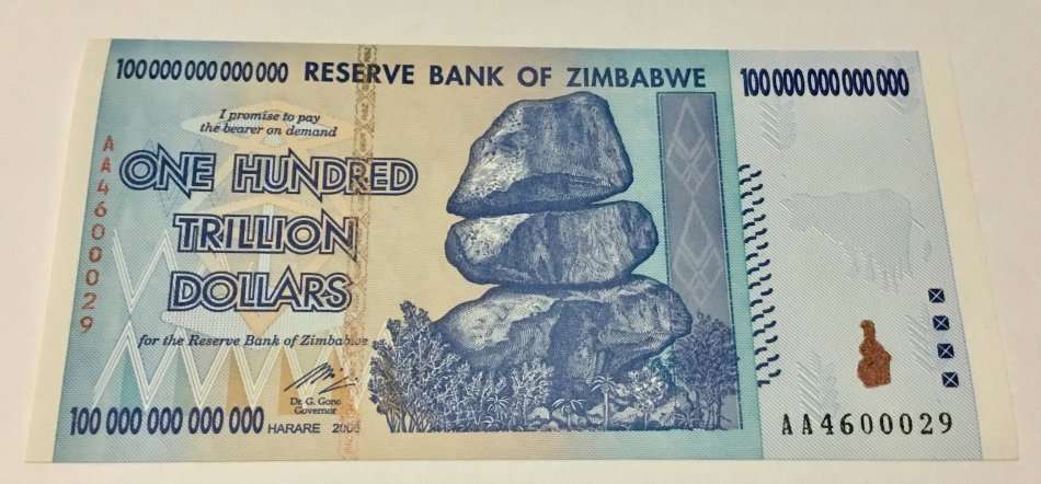 Special !! Stunning condition One Hundred Trillion Zimbabwean Dollars Hyper Inflation Bank Note
