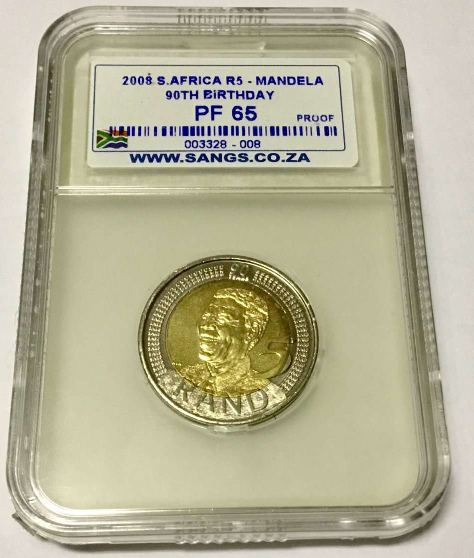 PROOF!!!2008 Mandelas 90th Birthday ~ Five Rand Coin - Graded PF65