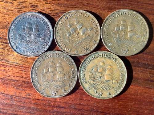 5 x different date South African half pennies
