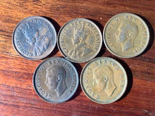 5 x different date South African half pennies