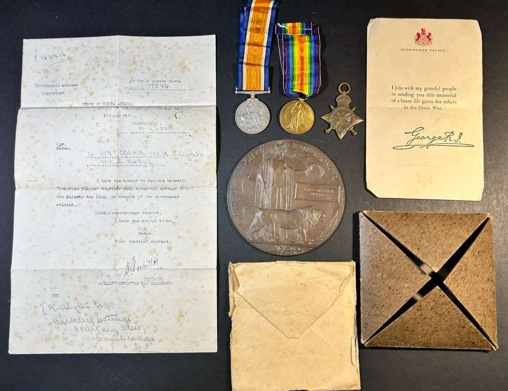 Delville Wood South African Casualty - Full Size Trio with Death Plaque: 9081 Corporal A.MC K.Ulyate