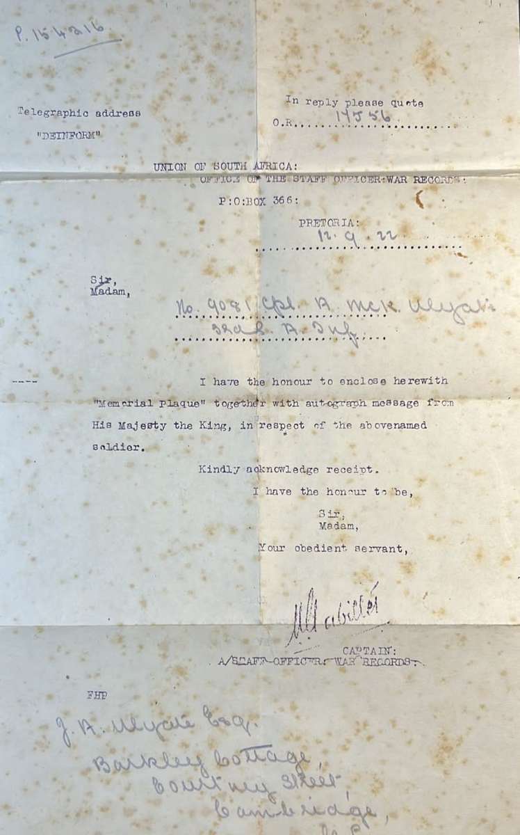 Delville Wood South African Casualty - Full Size Trio with Death Plaque: 9081 Corporal A.MC K.Ulyate