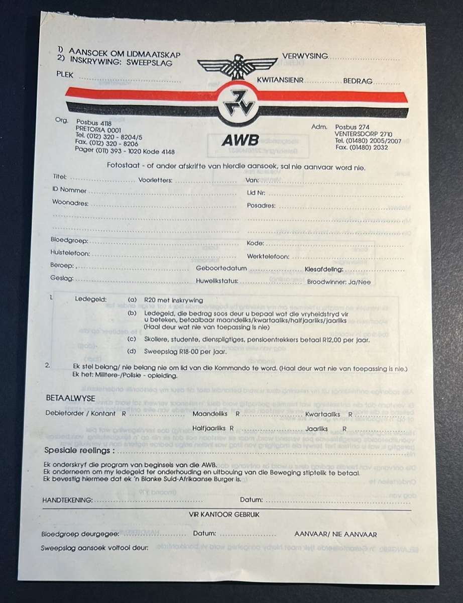 AWB - The Afrikaner Weerstandsbeweging  - Afrikaner Resistence Movement Joining Contract