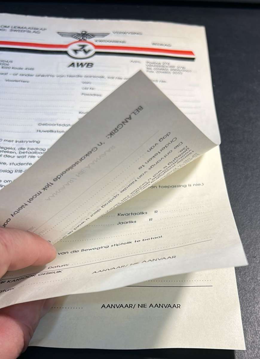 AWB - The Afrikaner Weerstandsbeweging  - Afrikaner Resistence Movement Joining Contract