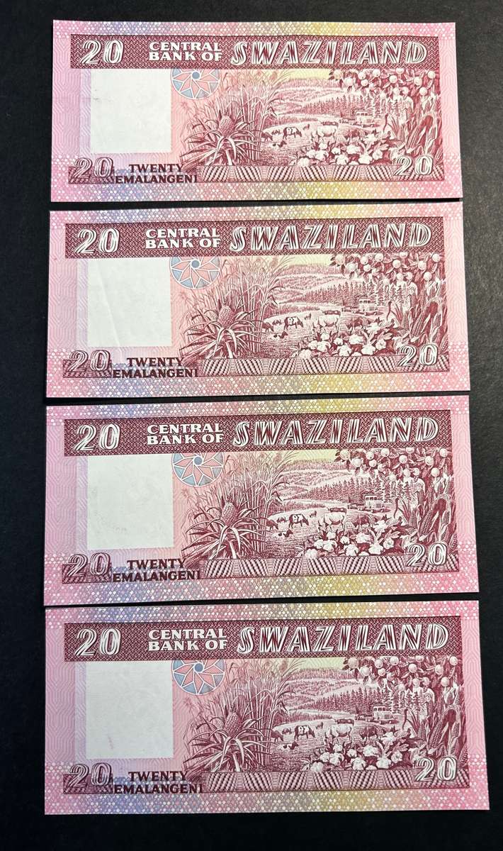 Swaziland 4 x 20 Emalangeni notes. 1989
