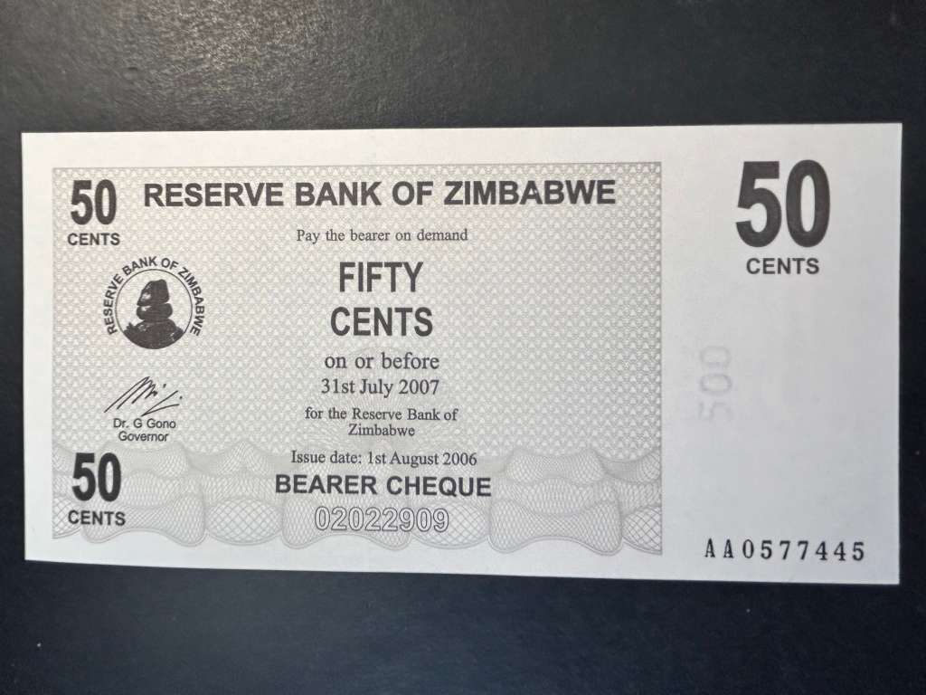 Zimbabwe 50 cent bearer cheque.