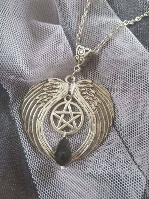 Dark of the Night Necklace - Winged Heart With Pentagram & Black Teardrop Bead Gothic