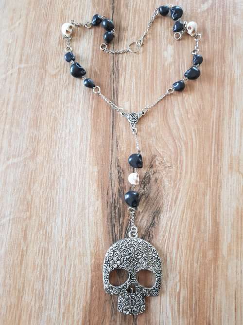 Candy Skull Beaded Necklace With Large Sugar Skull Pendant | Floral Skull | Day Of The Dead