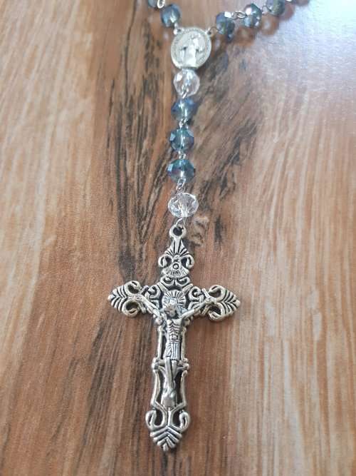 Gun Metal Fire Polished Czech Crystal Rosary Necklace | Catholic Jewellery | Religious Jewelry