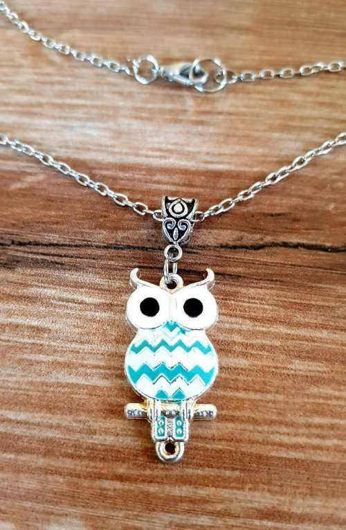 Owl Necklace, Blue & White Striped Owl, Bird Of Prey Jewellery