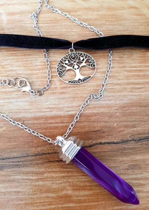 Necklace & Choker Combo Deal, Faux Purple Crystal Layer Necklace, Tree Of Life Charm Velvet Choker