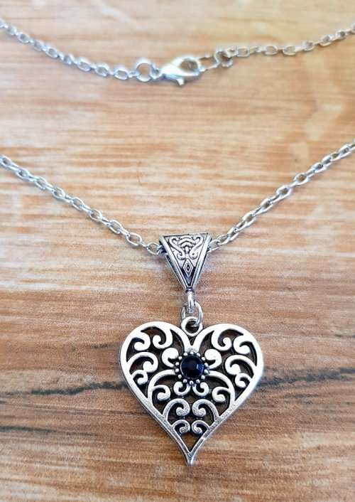 Filigree Heart Necklace, Black Gem Heart Necklace, Goth Gothic Heart Jewellery