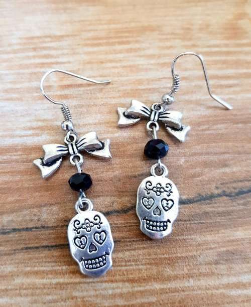 Sugar Skull Ribbon Earrings, Beaded Day Of The Dead Dangle Earrings, Mexican Skull Jewellery