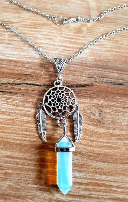 Dream Catcher & Organic Opalite Crystal Necklace, Organic Gemstone Jewellery, Dreamcatcher Necklace