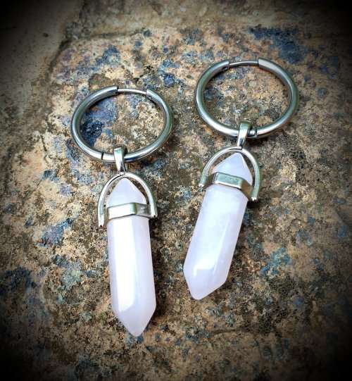 Rose Quartz Crystal Earrings, Steel Sleeper Earrings, Rose Quartz Gemstone Jewellery