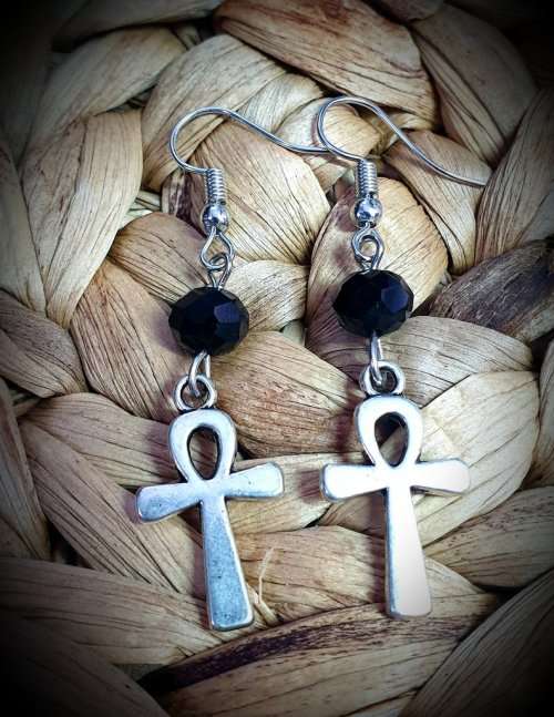 Ankh Cross Beaded Earrings, Ankh Cross Bead Dangle Earrings ~ Black