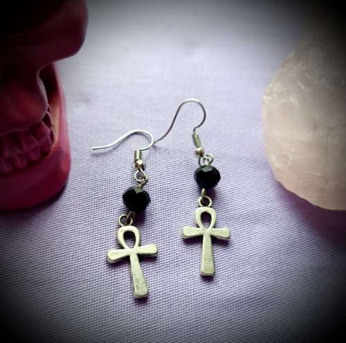 Ankh Cross Beaded Earrings, Ankh Cross Bead Dangle Earrings ~ Black