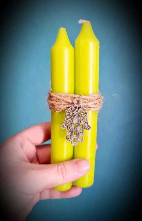 Witchy Bunch Of Ritual Candles ~ Green, Brown, Hamsa Hand