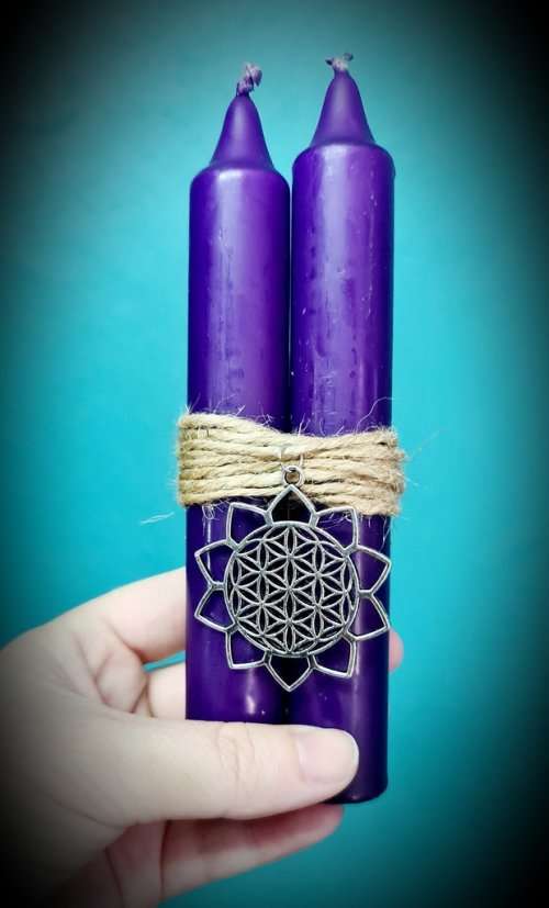 Witchy Bunch Of Ritual Candles ~ Purple, Brown, Flower Of Life