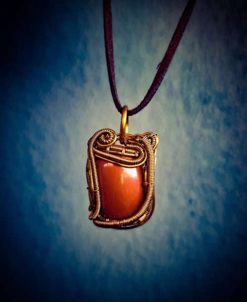 Red Jasper In Enameled Copper Wire Pendant Necklace