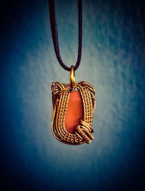 Red Jasper In Enameled Copper Wire Pendant Necklace